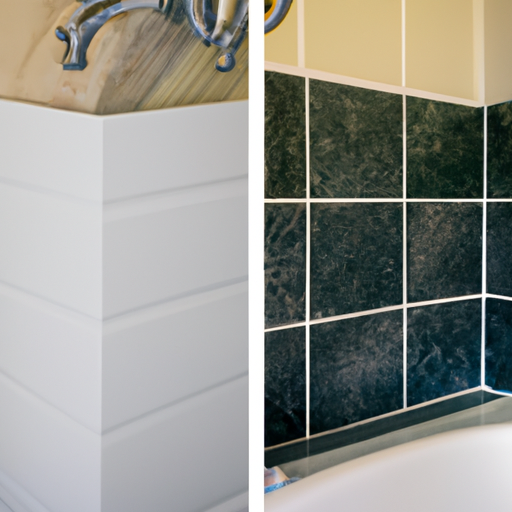 השוואה לפני ואחרי של שיפוץ חדר אמבטיה המציג את ההשפעה של עיצובי קרמיקה מודרניים