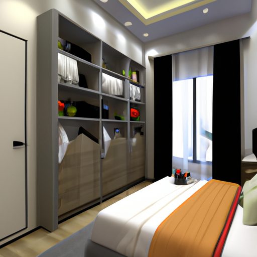 חדר שינה מודרני המציג ארון הזזה מסוגנן עם שטח אחסון בשפע.